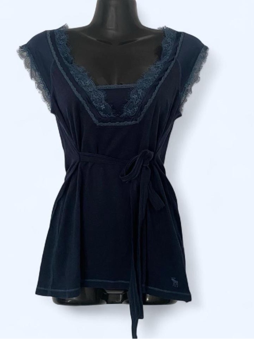 Abercrombie & Fitch Navy Blue Babydoll Top with Lace and Tie Waist Details